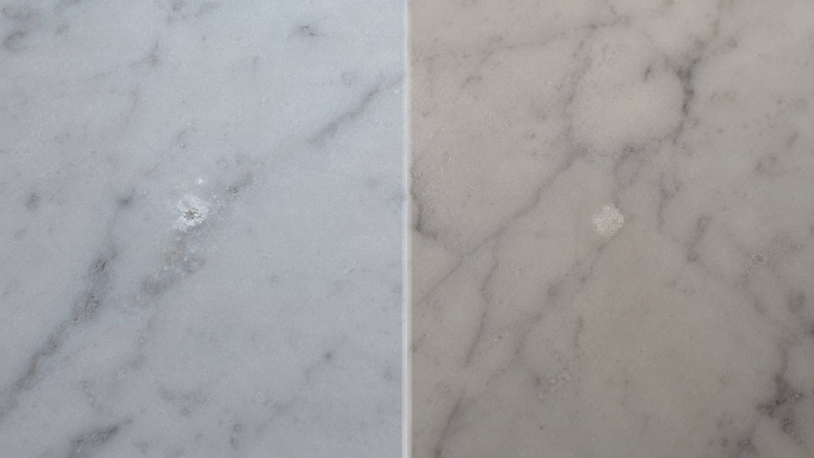 Twee close-ups van doorslag in marmer: een witte impactplek met klein putje en een lichte kristalbreuk zonder grote chip